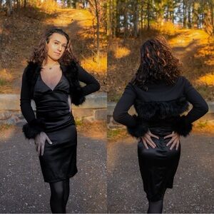 Black Satin Dress with Faux Fur Trim